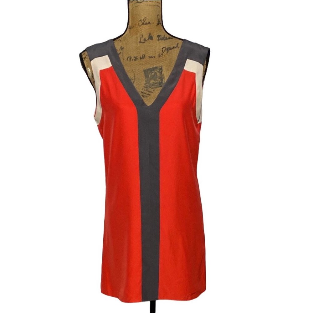 Parker S Dress 100% Silk Tunic Shift Top Colorblock Low Ave Back Orange Gray